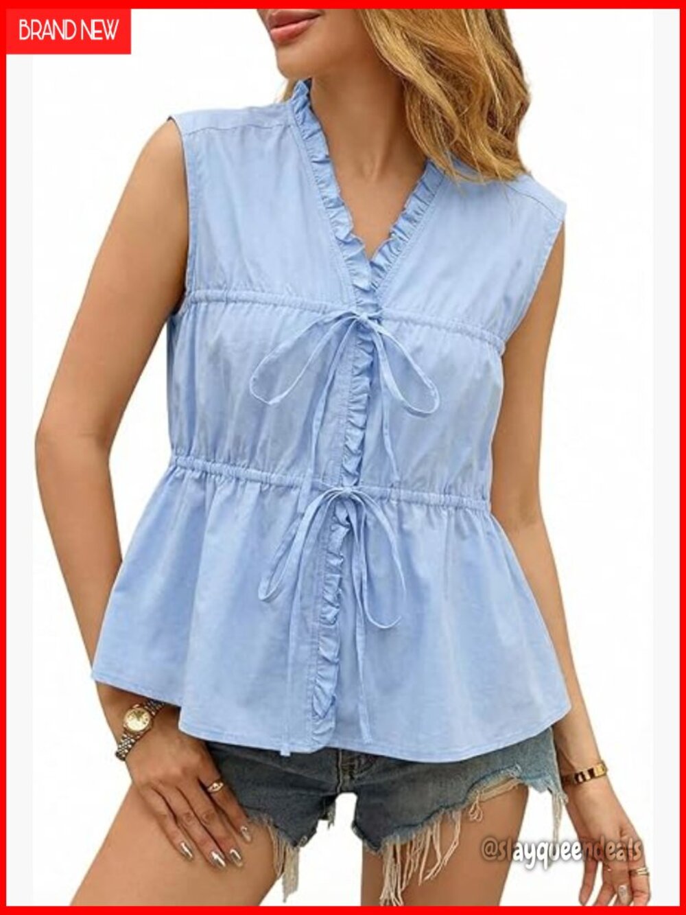 Women's Tie Front Peplum Babydoll Tank Top V-Neck Sleeveless Cotton Blouse